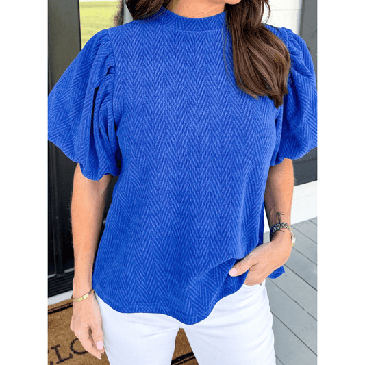 RTS Doris Blue Textured Puff Sleeve Mock Neck Blouse