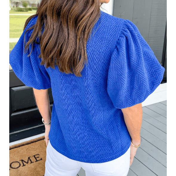 RTS Doris Blue Textured Puff Sleeve Mock Neck Blouse