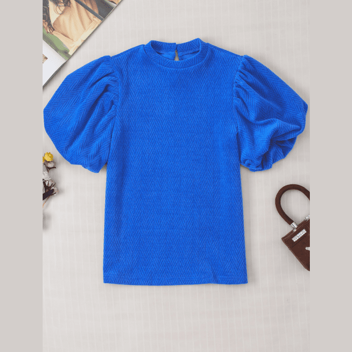RTS Doris Blue Textured Puff Sleeve Mock Neck Blouse