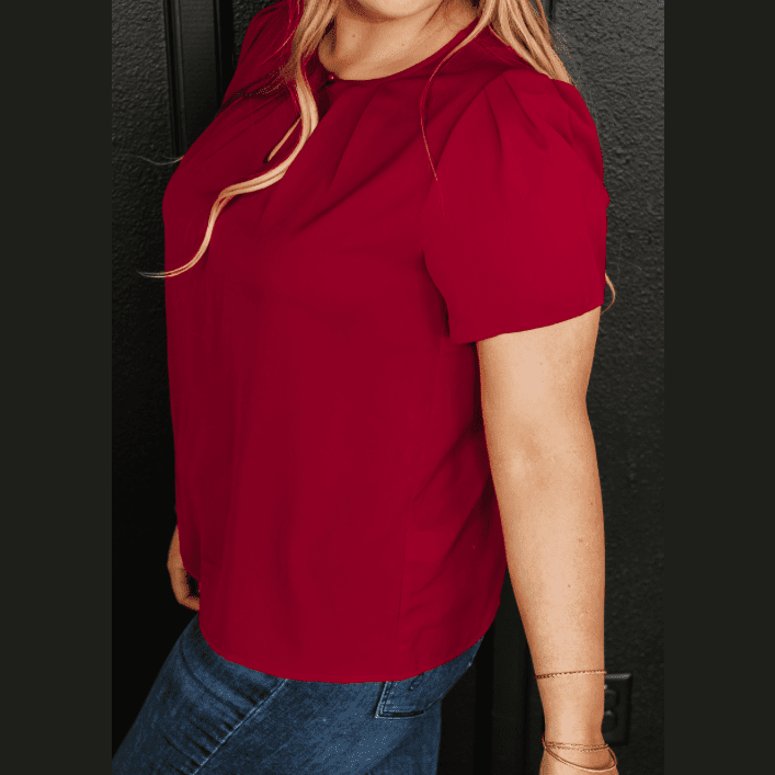 Rianne Red Keyhole Pleated Crew Neck PLUS SIZE T Shirt