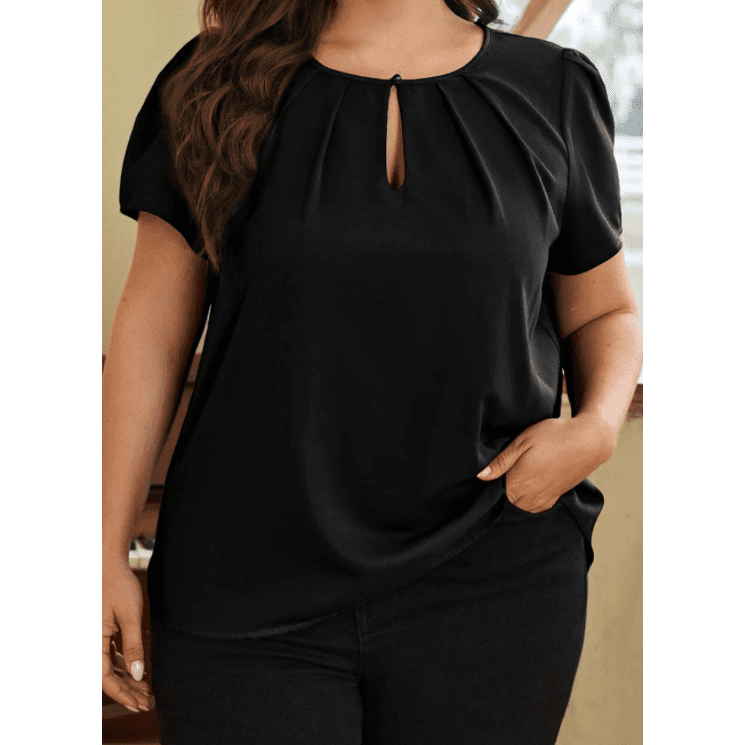 Rianne Black Keyhole Pleated Crew Neck PLUS SIZE T Shirt