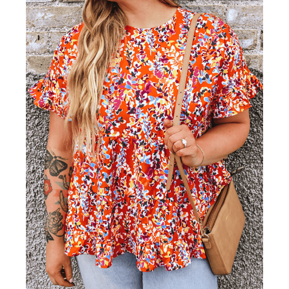 Tati Orange Floral Printed Ruffle Sleeve PLUS SIZE Babydoll Blouse