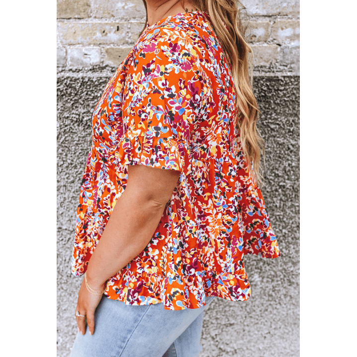 Tati Orange Floral Printed Ruffle Sleeve PLUS SIZE Babydoll Blouse