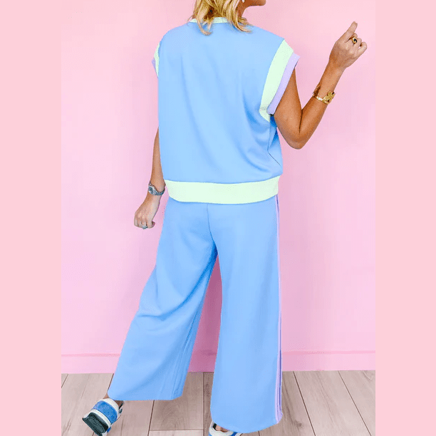 Kirsi Sky Blue Color Block Detail Casual Two-piece Set