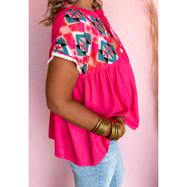 Sondra Strawberry Pink Geometric Embroidered Tassel Tie V Neck Blouse