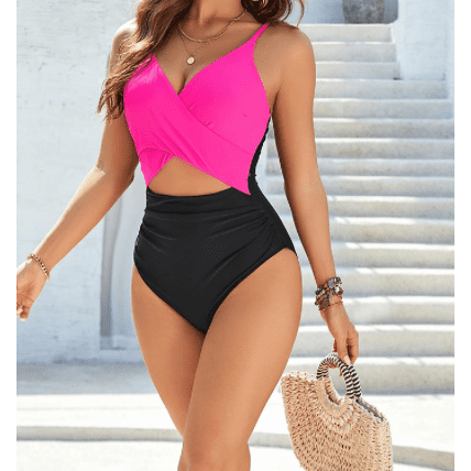 Karalee Pink Crossover Colorblock Cutout One Piece Swimsuit