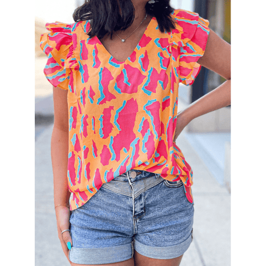 Indie Orange Abstract Print V Neck Ruffled Sleeve Blouse