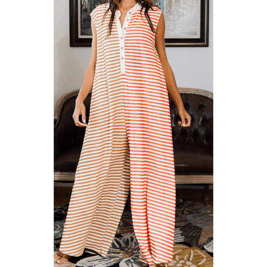 Jasmyn Orange Stripe Oversized Buttoned Front Sleeveless Wide Leg Jumpsuit