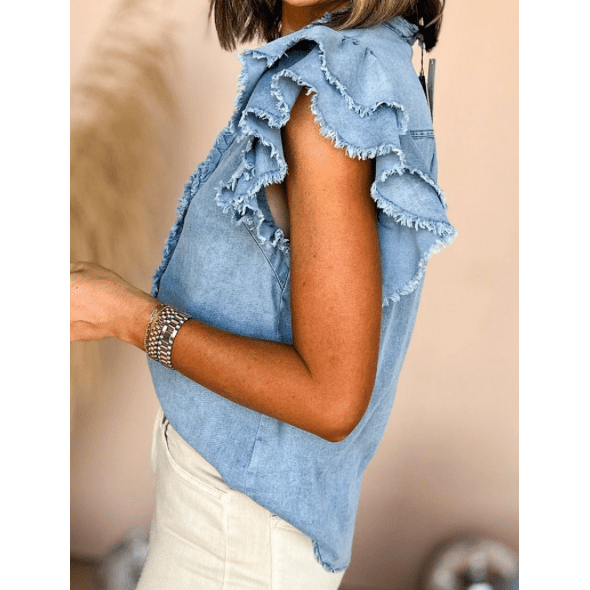 Kristy Beau Blue Button Front Ruffled Flutter Frayed Denim Top