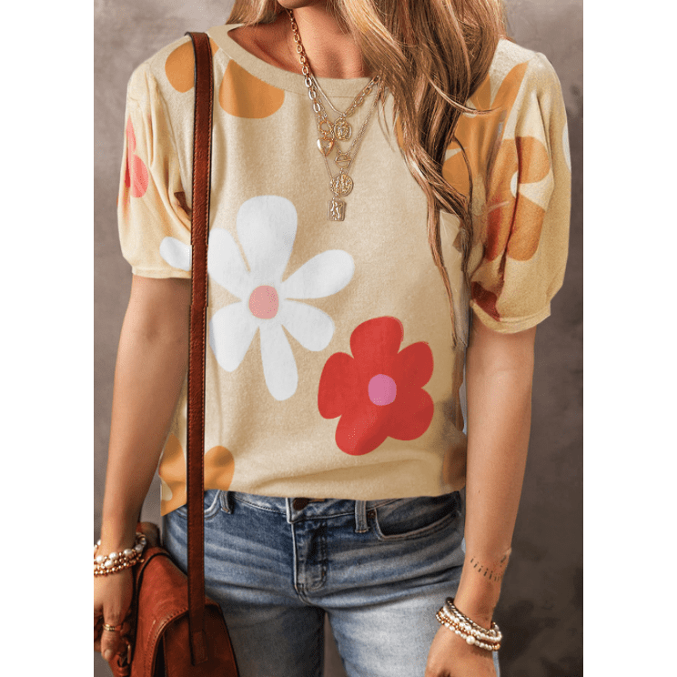 Mikki Apricot Flower Print Bubble Sleeve Tee