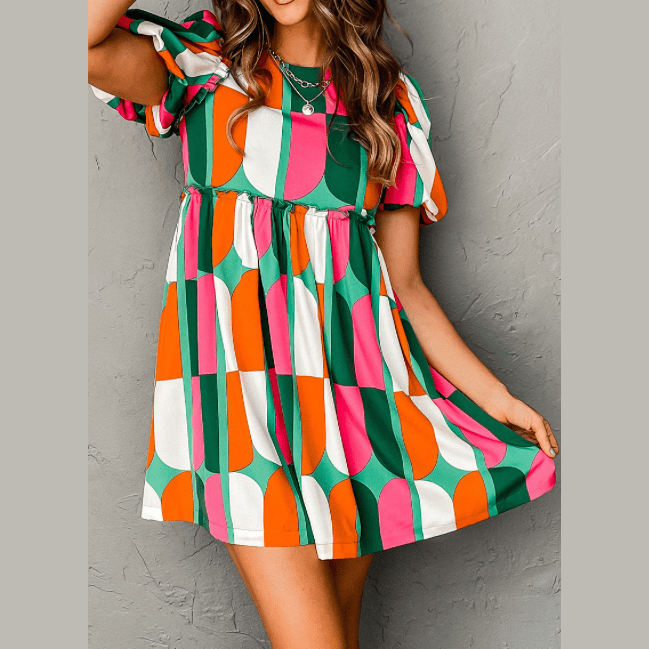 Harper Green Abstract Print Puff Sleeve Short Dress