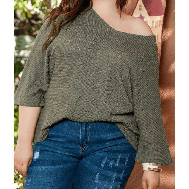 Blake Jungle Green PLUS SIZE V Neck Textured Knit Dolman Top