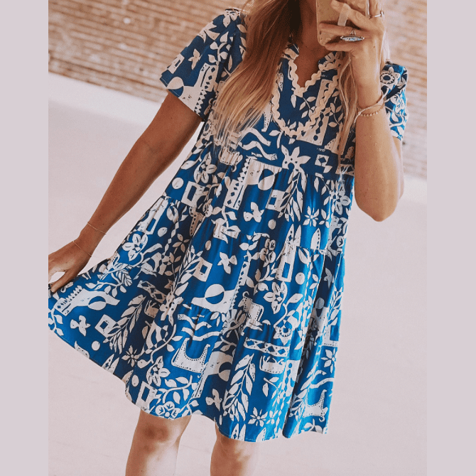 Ivy Blue Ricrac Trim Split Neck Floral Loose Dress