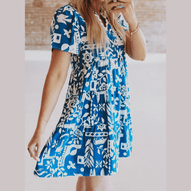 Ivy Blue Ricrac Trim Split Neck Floral Loose Dress