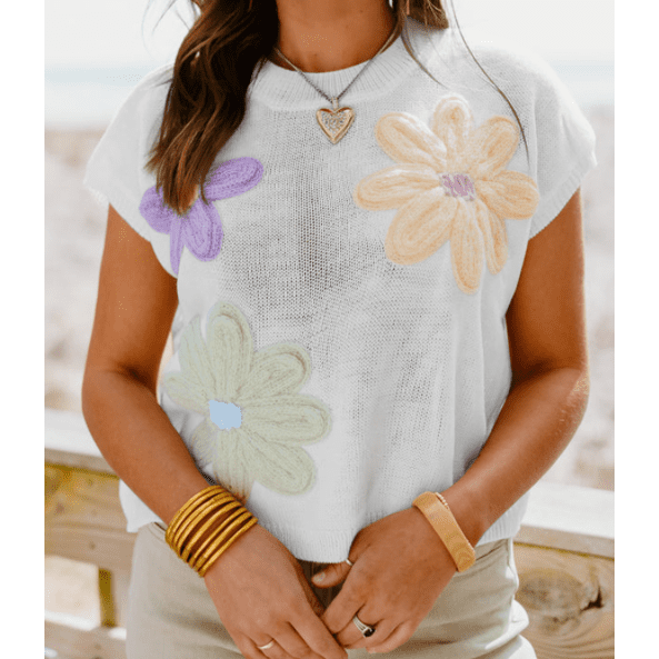 Josie White Crochet Flower Knit Short Sleeve Sweater