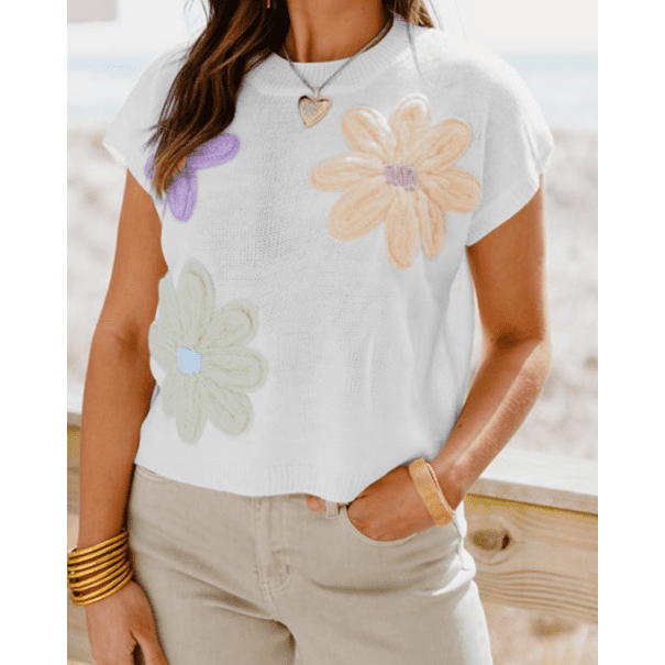 Josie White Crochet Flower Knit Short Sleeve Sweater