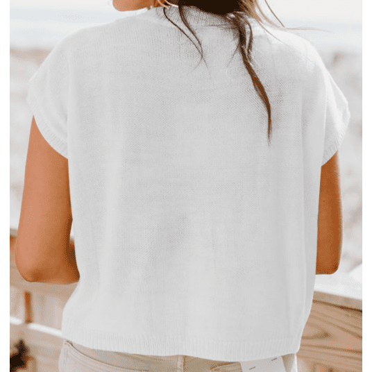 Josie White Crochet Flower Knit Short Sleeve Sweater