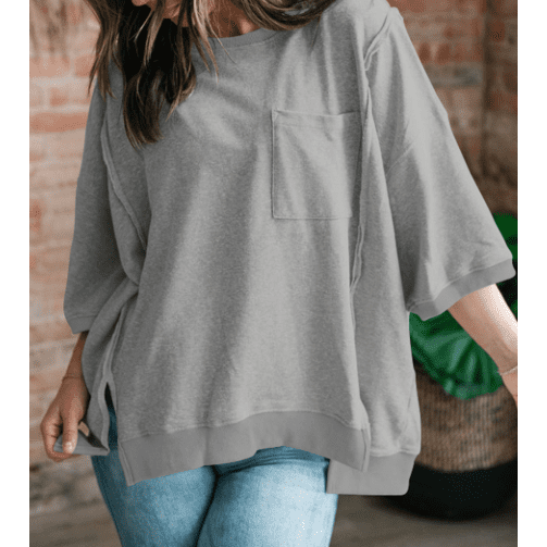 Lana Light Grey Exposed Seam Chest Pocket Split Loose T Shirt