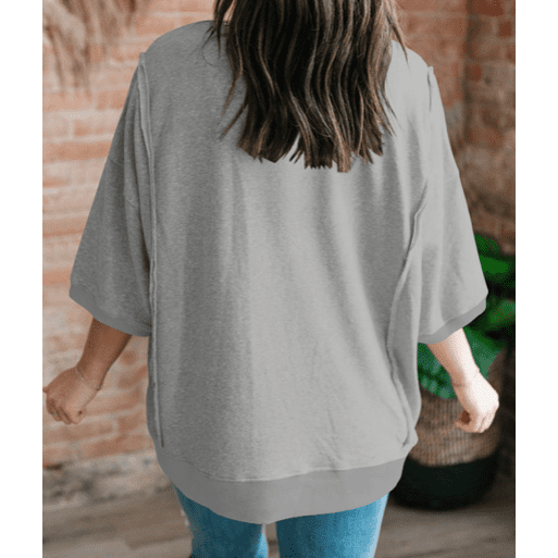 Lana Light Grey Exposed Seam Chest Pocket Split Loose T Shirt