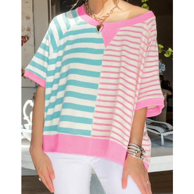 Neda Pink Stripe Contrast Patchwork Oversized T Shirt