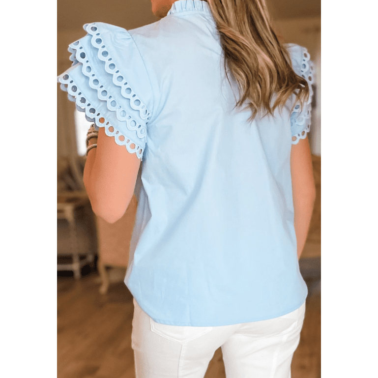 Opehlia Beau Blue Layered Ric Rac Cap Sleeve Filled Neck Blouse