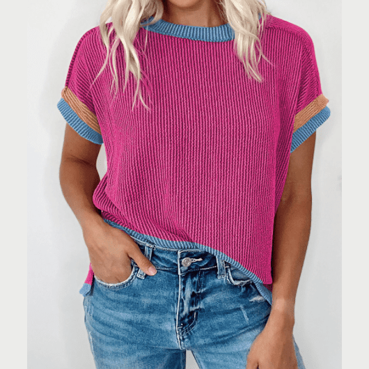 Randi Bright Pink Textured Contrast Trim Round Neck T Shirt