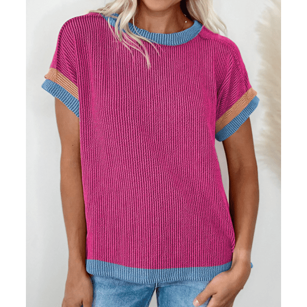 Randi Bright Pink Textured Contrast Trim Round Neck T Shirt