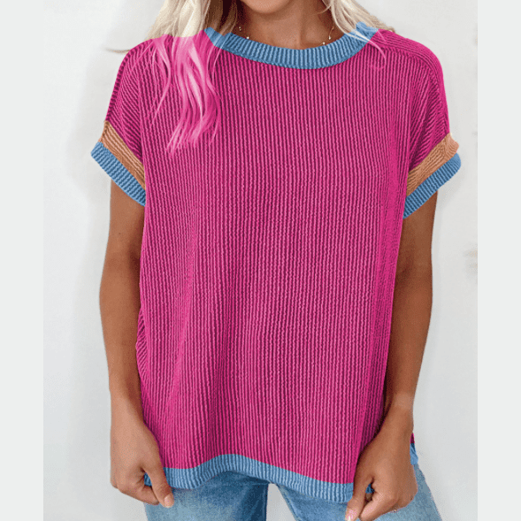 Randi Bright Pink Textured Contrast Trim Round Neck T Shirt