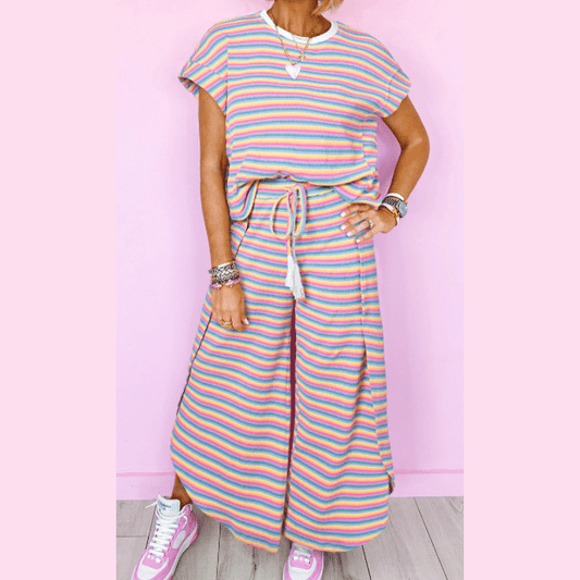 Kinslee Pink Stripe Rainbow Tee Tasseled String Wide Leg Pants Set