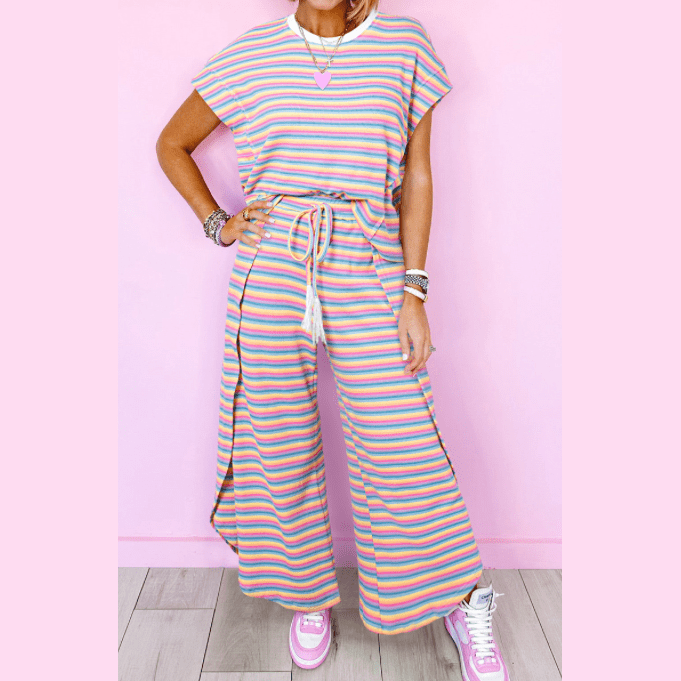 Kinslee Pink Stripe Rainbow Tee Tasseled String Wide Leg Pants Set