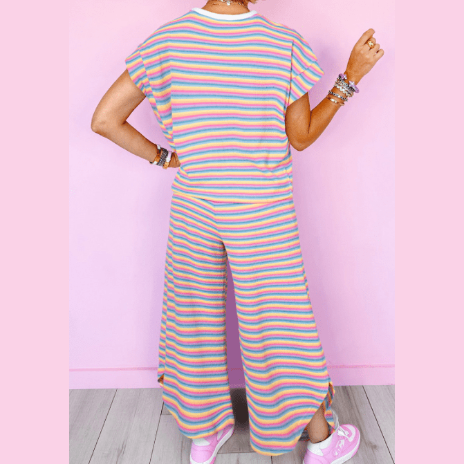 Kinslee Pink Stripe Rainbow Tee Tasseled String Wide Leg Pants Set