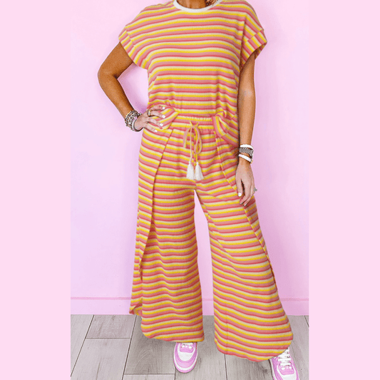 REDUCED!!!  Kinslee Yellow Stripe Rainbow Tee Tasseled String Wide Leg Pants Set  REDUCED!!!