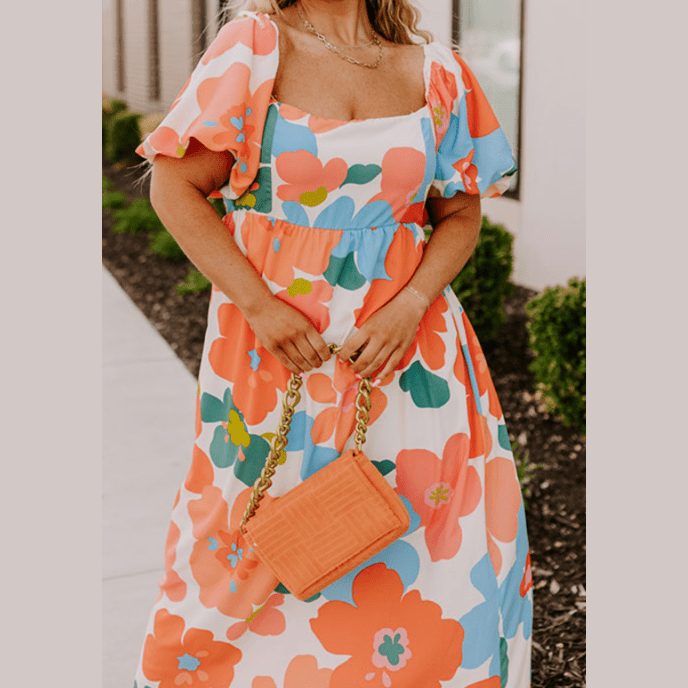 Kassidy Orange PLUS SIZE Flower Print Shirred Square Neck Maxi Dress