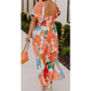 Kassidy Orange PLUS SIZE Flower Print Shirred Square Neck Maxi Dress