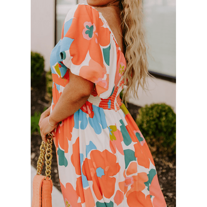 Kassidy Orange PLUS SIZE Flower Print Shirred Square Neck Maxi Dress