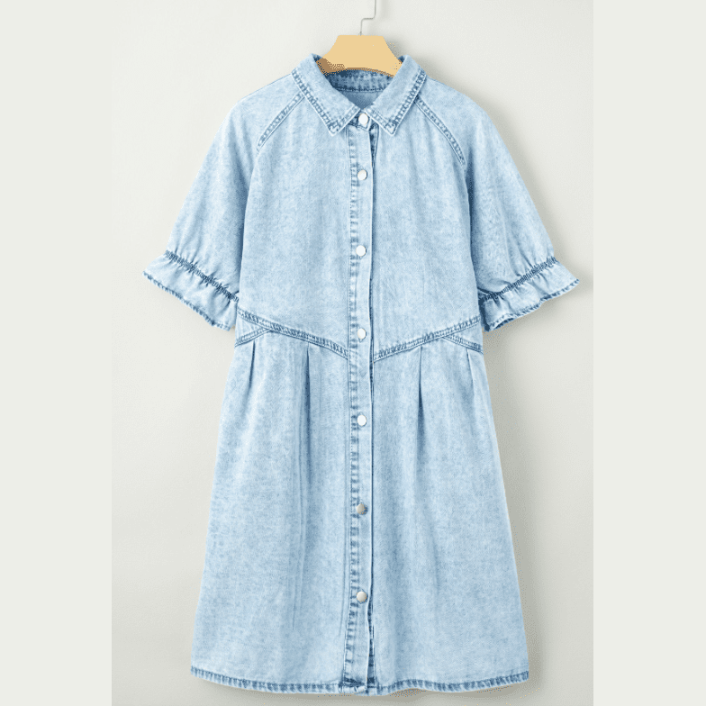 Tyla Beau Blue Mineral Wash Ruffled Short Sleeve Buttoned Denim Dress