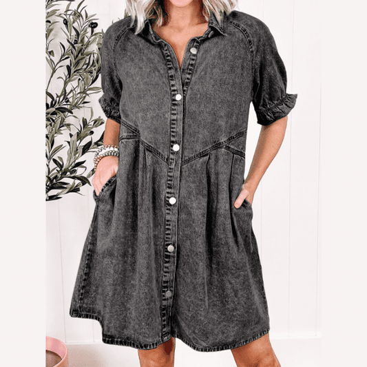 Tyla Grey Mineral Wash Ruffled Short Sleeve Buttoned Denim Dress