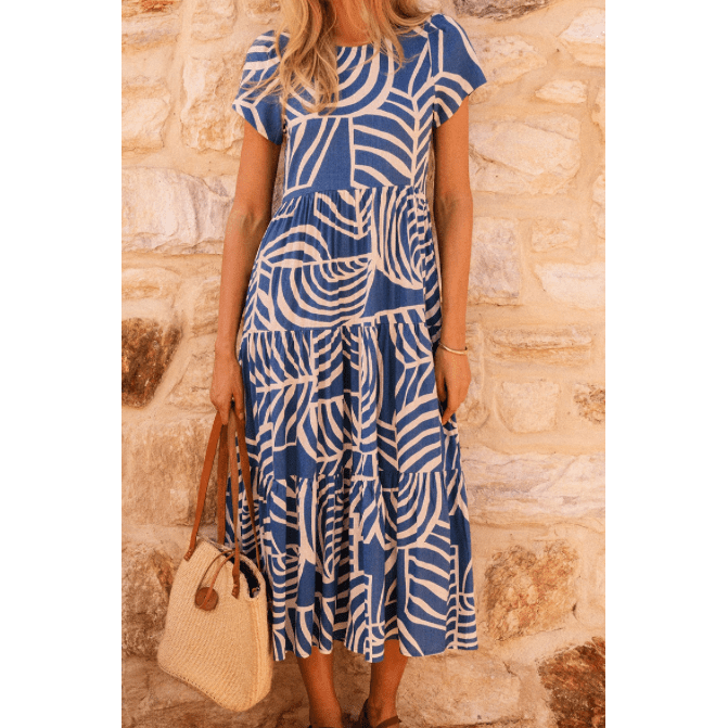 Gayle Sky Blue Boho Printed Short Sleeve Flare Tiered Dress