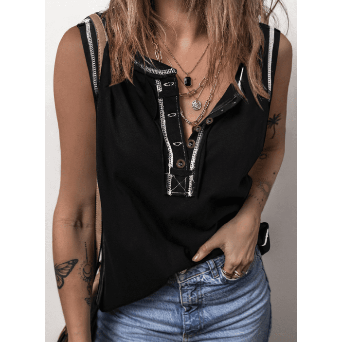 Hope Black Contrast Stitching Exposed Seam Henley Tank Top