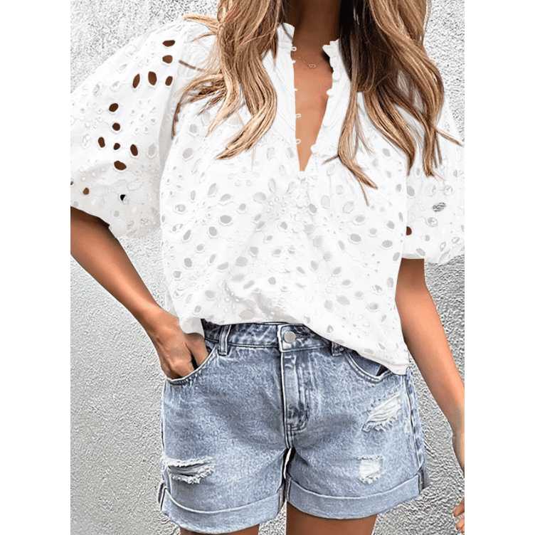 Jocelyn White Flower Embroidered Hollow-out Puff Sleeve Blouse