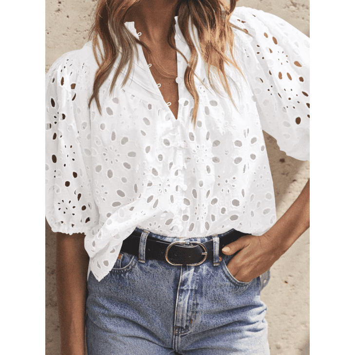 Jocelyn White Flower Embroidered Hollow-out Puff Sleeve Blouse