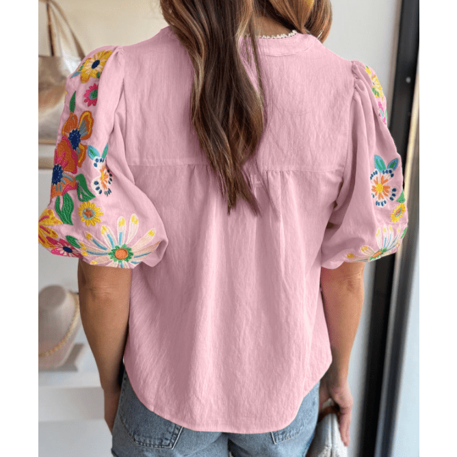 LuAnn Pink Floral Embroidered Puff Sleeve Split Neck Blouse