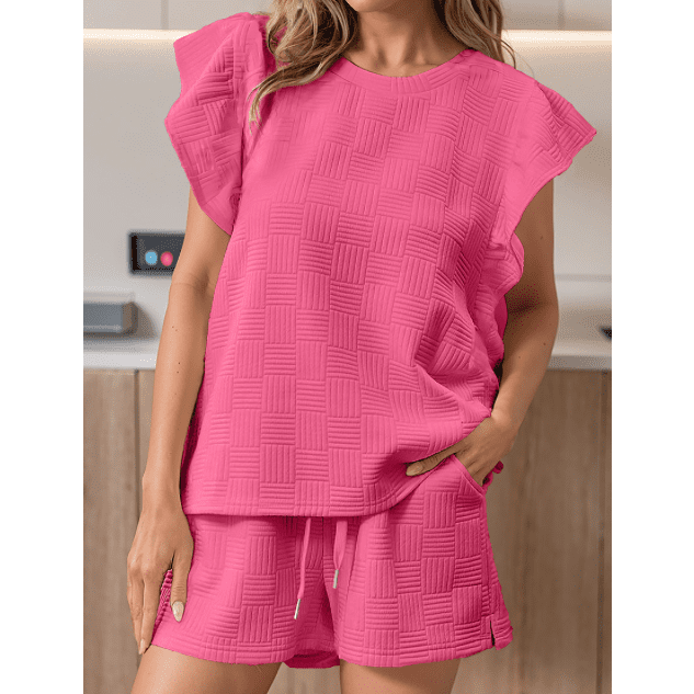 REDUCED!!!  Joella Bonbon Pink Textured Ruffled Sleeve Tee and Drawstring Shorts Set  REDUCED!!!
