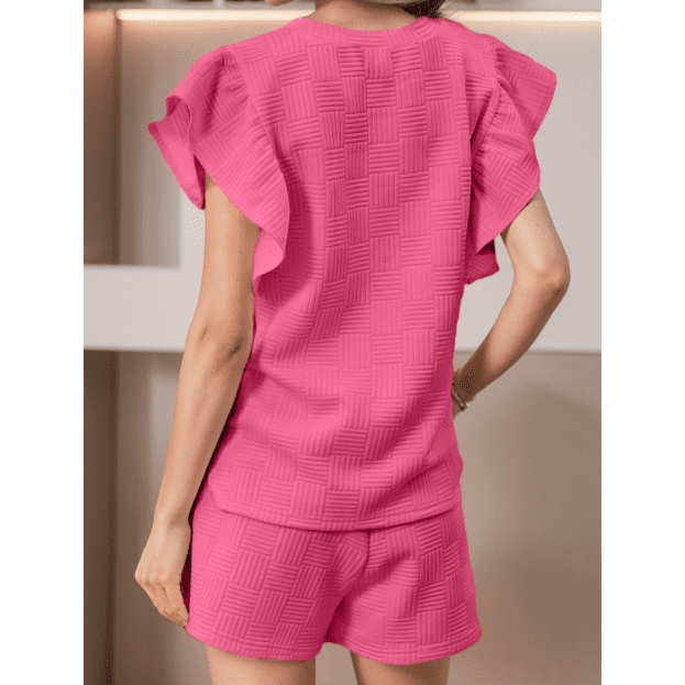 REDUCED!!!  Joella Bonbon Pink Textured Ruffled Sleeve Tee and Drawstring Shorts Set  REDUCED!!!