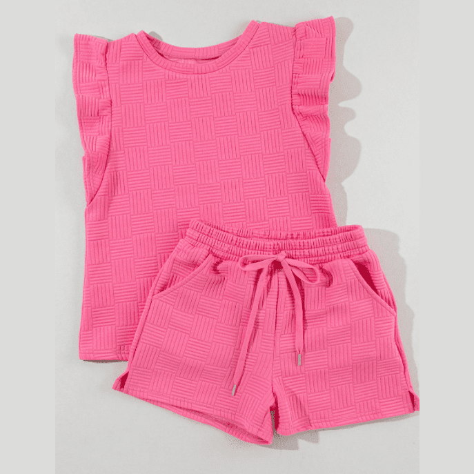 REDUCED!!!  Joella Bonbon Pink Textured Ruffled Sleeve Tee and Drawstring Shorts Set  REDUCED!!!