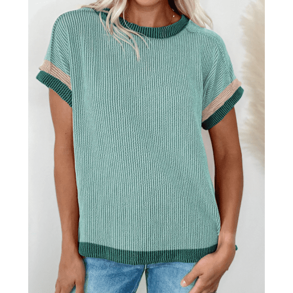 Randi Grass Green Textured Contrast Trim Round Neck T Shirt