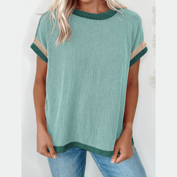 Randi Grass Green Textured Contrast Trim Round Neck T Shirt