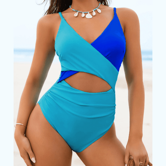 Karalee Blue Crossover Colorblock Cutout One Piece Swimsuit