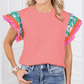 REDUCED!!!  Kloe Peach Blossom  Contrast Ricrac Floral Sleeve Top  REDUCED!!!