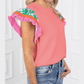 REDUCED!!!  Kloe Peach Blossom  Contrast Ricrac Floral Sleeve Top  REDUCED!!!